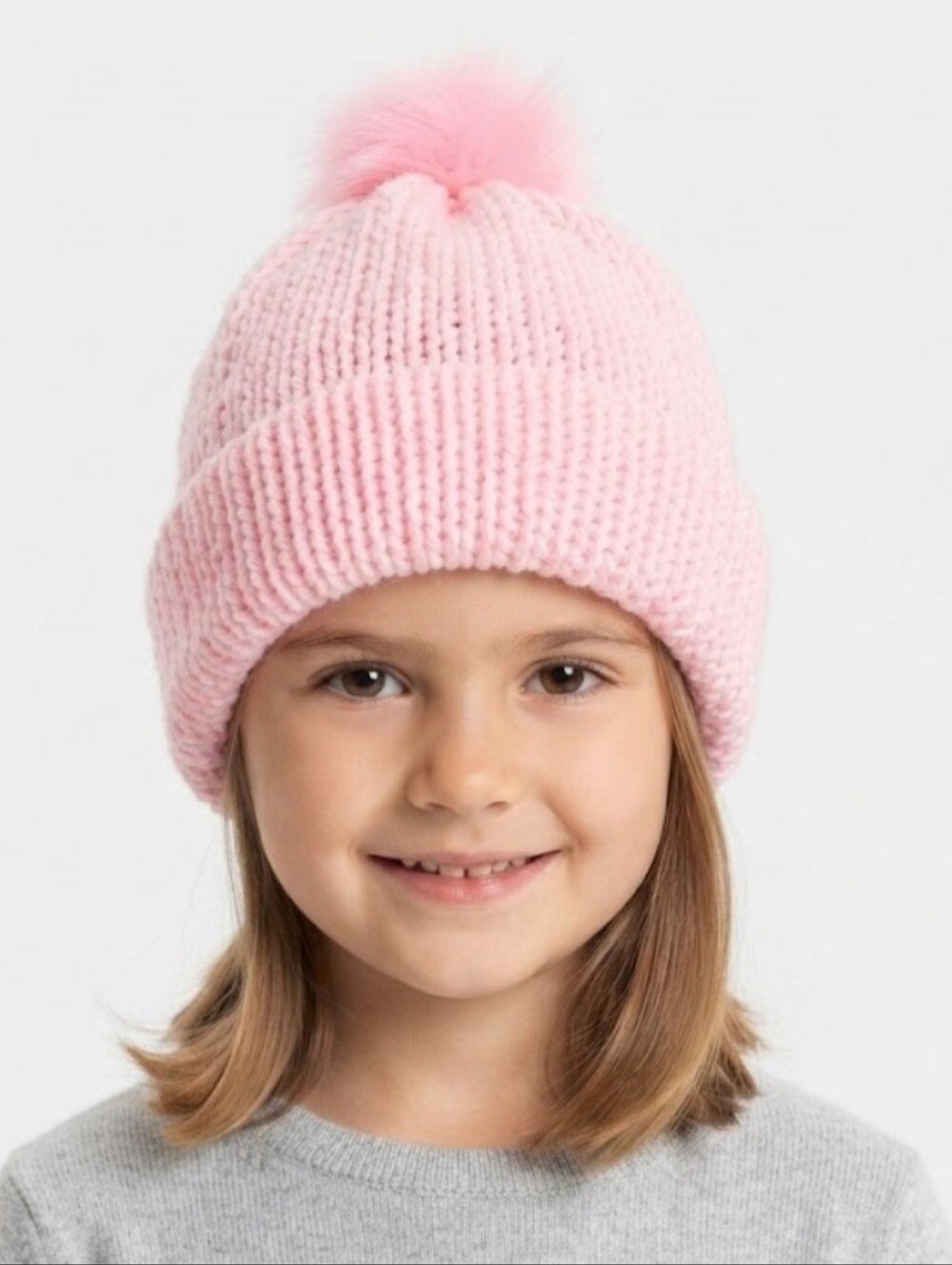Handmade Crochet Reversible Beanie Kids Girl Pink Coral Pom Pom Winter Coquette